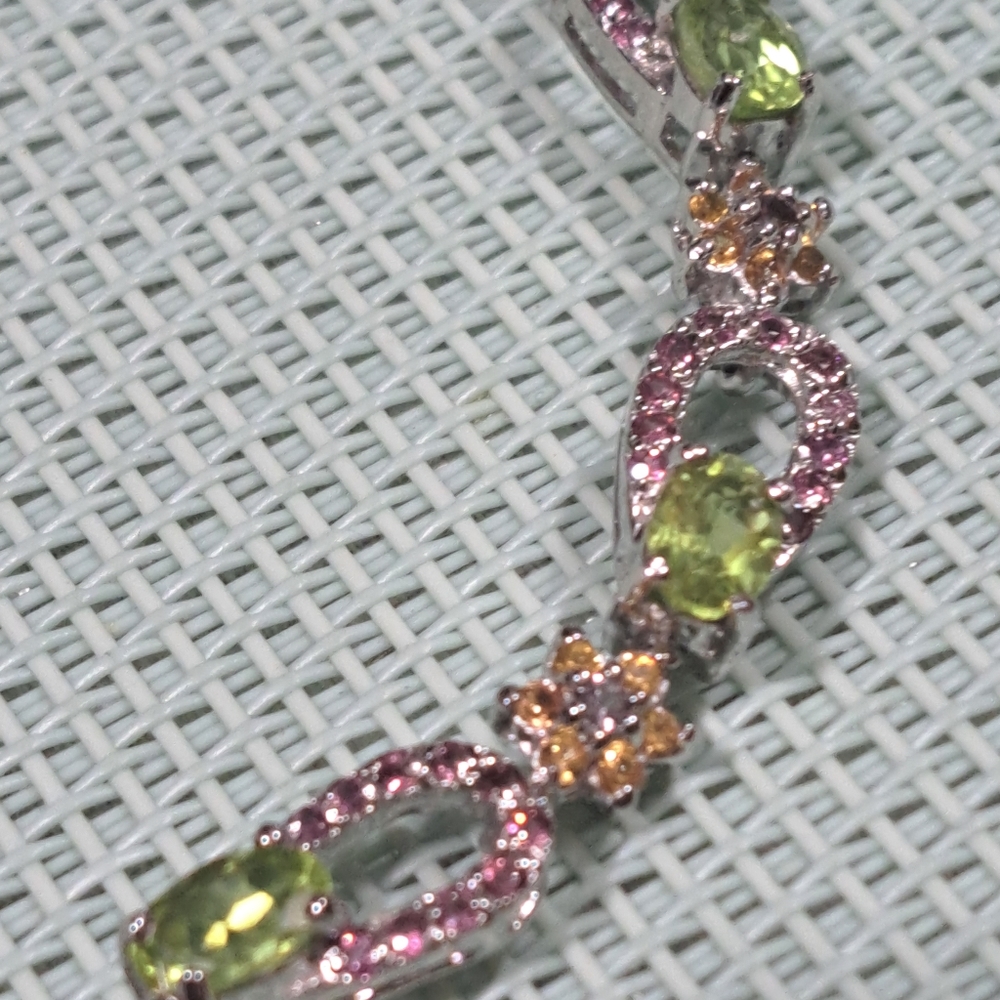 Unheated Oval peridot,Rhodolite,sapphire 7.5" 14 kwgp over sterling silver NWOT